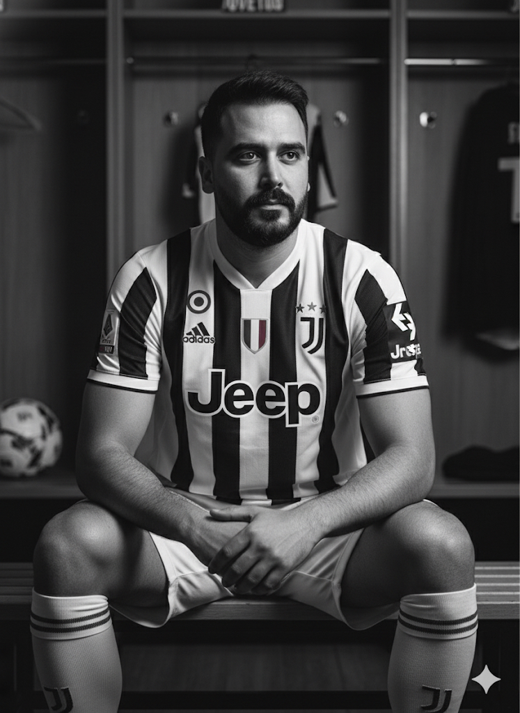 A hyper-realistic portrait of a football player in a Juventus locker room, wearing a 2022 Juventus Home jersey, with deep black and white tones.