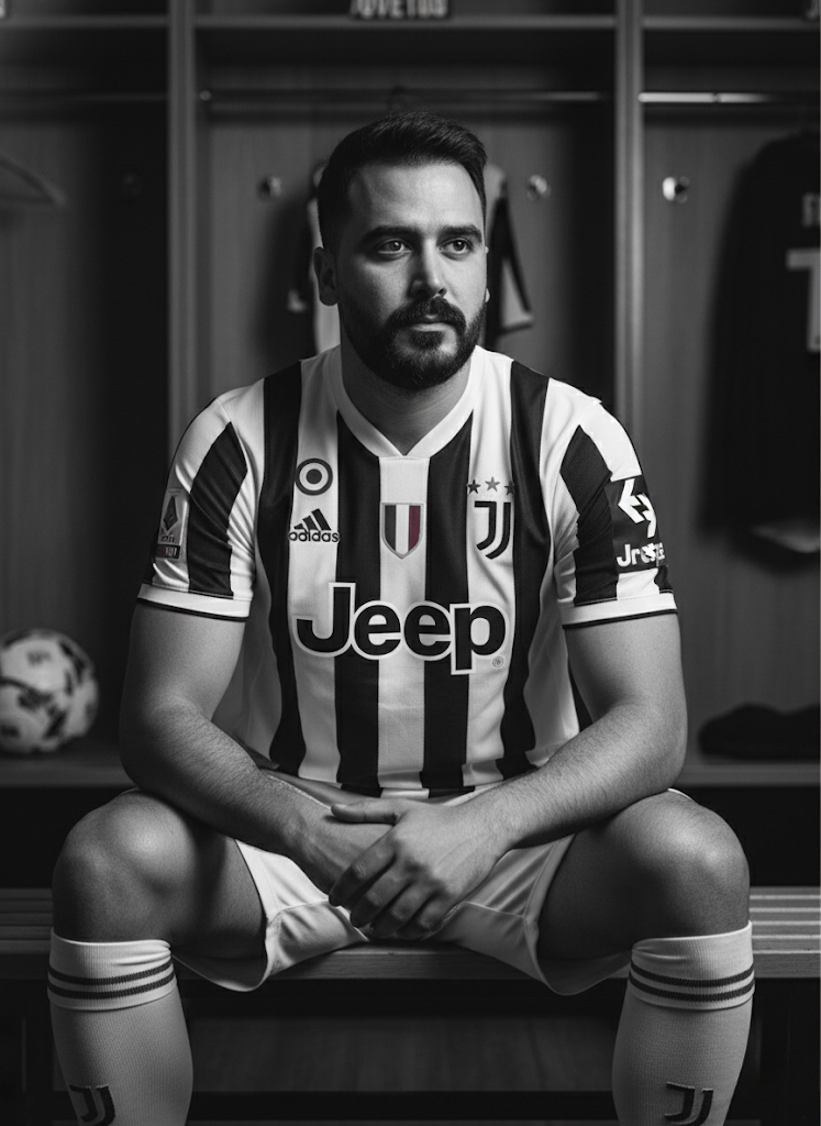A hyper-realistic portrait of a football player in a Juventus locker room, wearing a 2022 Juventus Home jersey, with deep black and white tones.