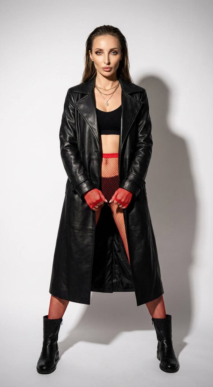 A model in a long black leather trench coat poses confidently against a neutral white backdrop, showcasing vibrant red fishnet tights and dramatic styling.