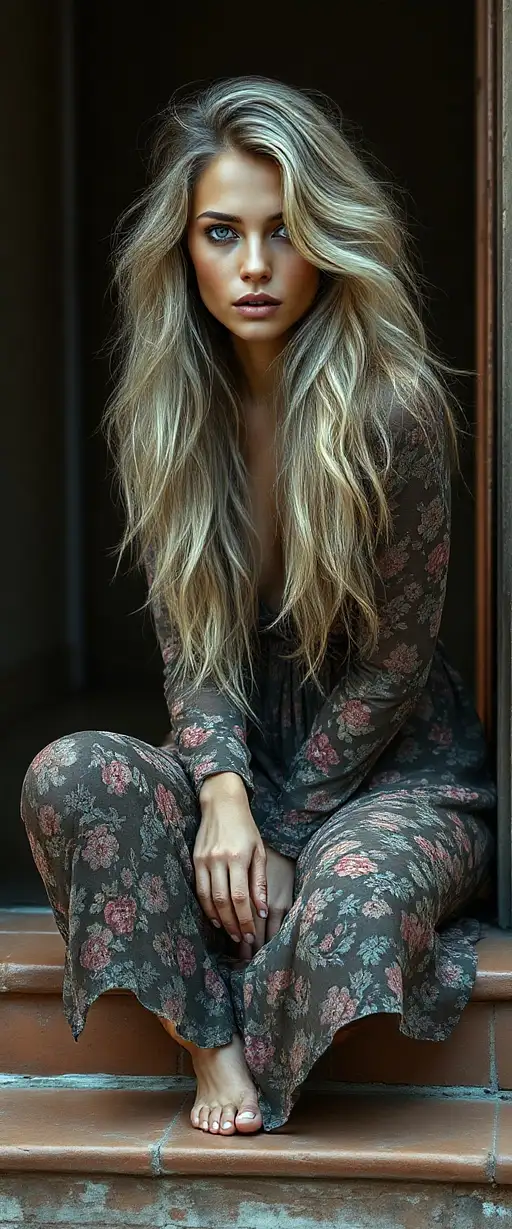An evocative upper body portrait of a supermodel in a doorway, with warm skin and emerald eyes, wearing a floral bohemian dress.