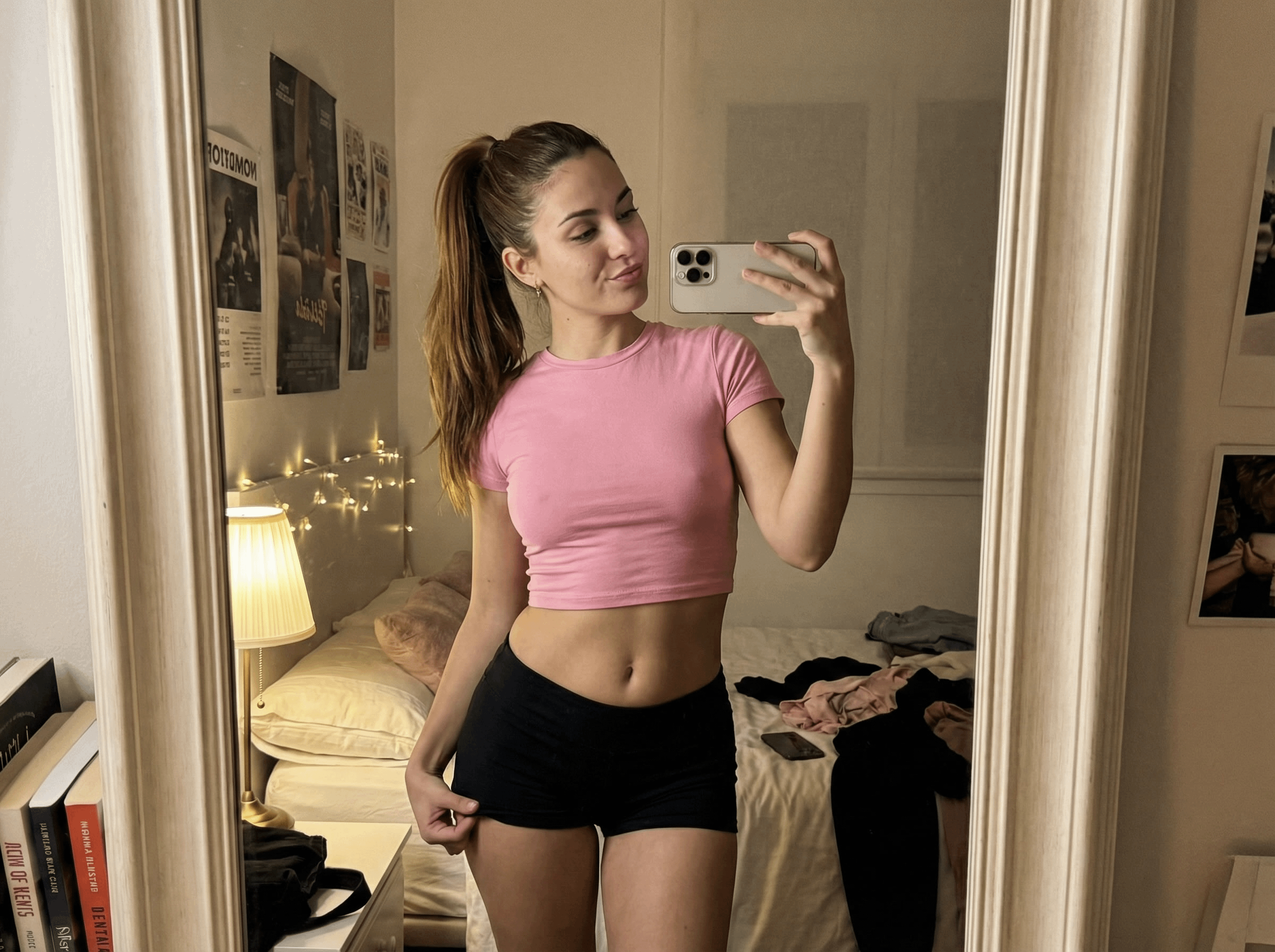 A woman in a pink crop top and black micro shorts takes a playful mirror selfie, surrounded by soft, warm lighting.