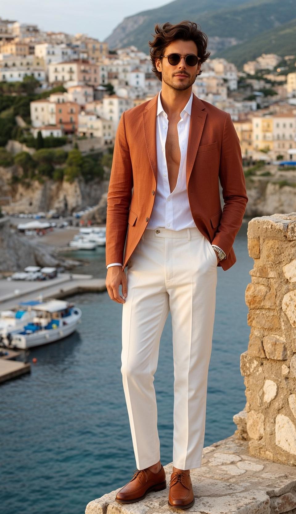 Dark Brown Wavy Tanned Unbuttoned White Linen