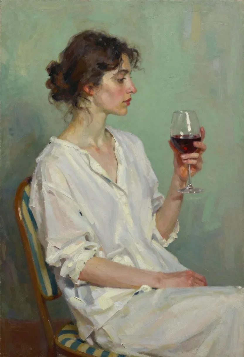 Oil Painting Woman Profile Holding Glass Red Wine While Seated