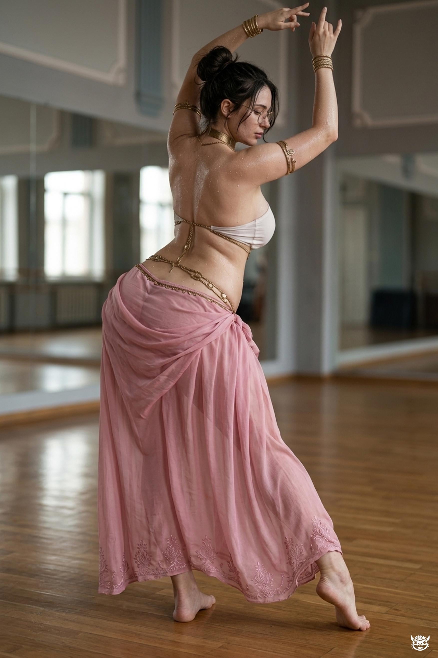 Belly Dance Pose Mirrored Studio Rear View