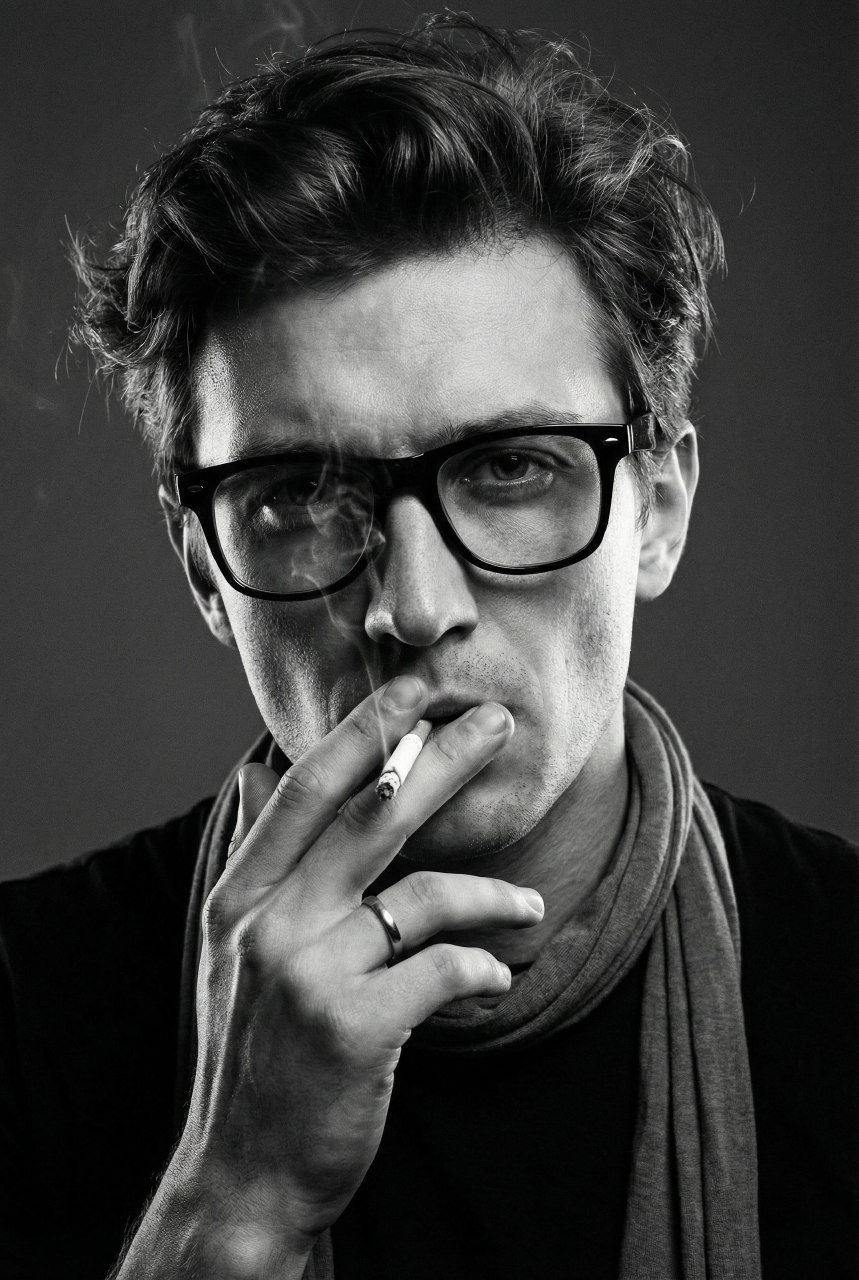 Close-up studio portrait of a man holding a cigarette, with wisps of smoke framing his face against a neutral background.