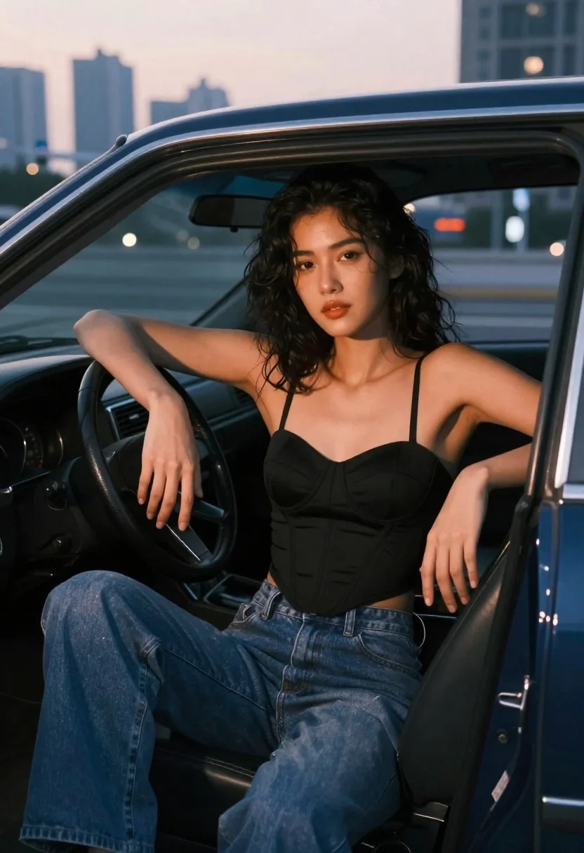 Photorealistic Portrait Woman Sitting Casually The Driver Seat Open-door Classic reference photo