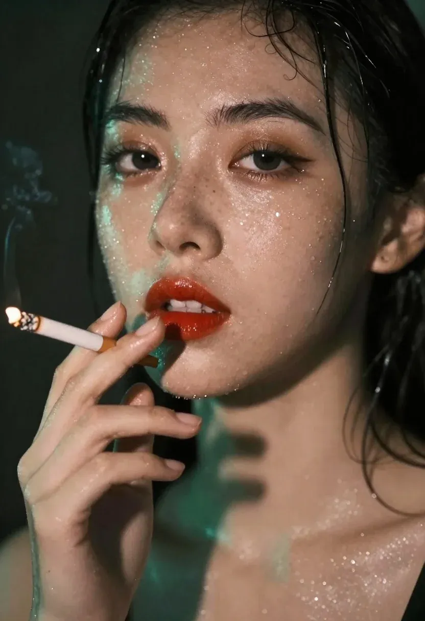 Extreme Close-up Portrait Woman With Wet Skin Holding Lit Cigarette