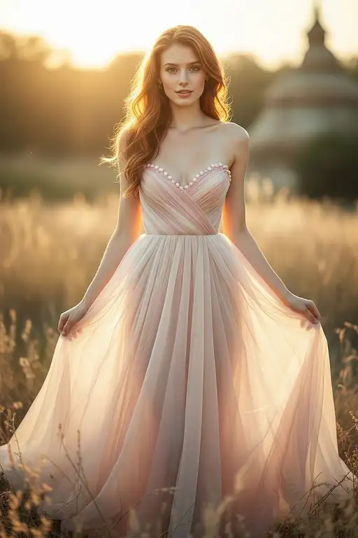 A full-body portrait of a lithe supermodel in golden hour light, featuring long wavy auburn hair and expressive hazel-amber eyes.