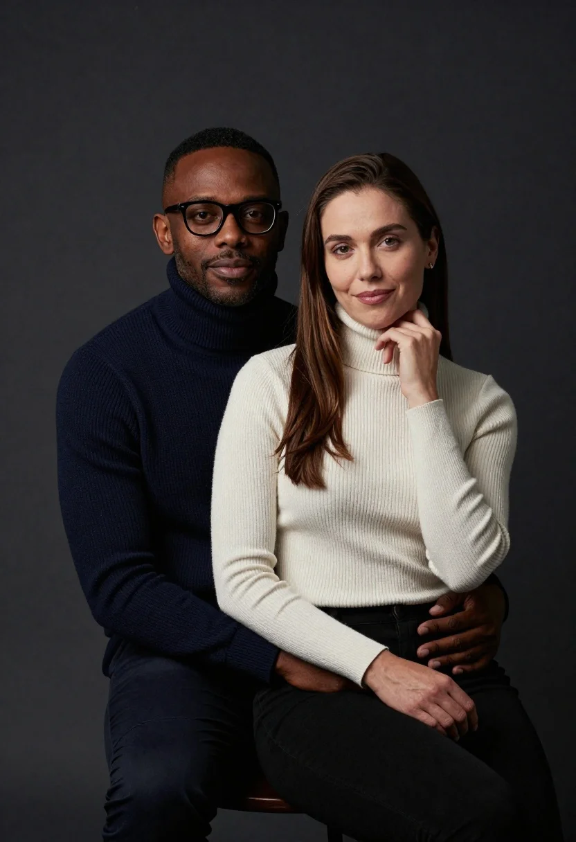 Studio Portrait Man And Woman Seated Closely Together Against Smooth reference photo