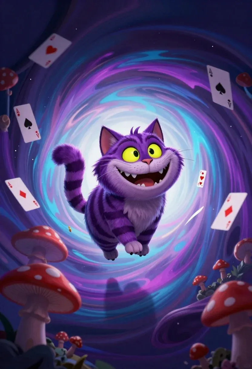 Digital Illustration Wide-eyed Purple-striped Cheshire Cat With Neon Yellow Eyes