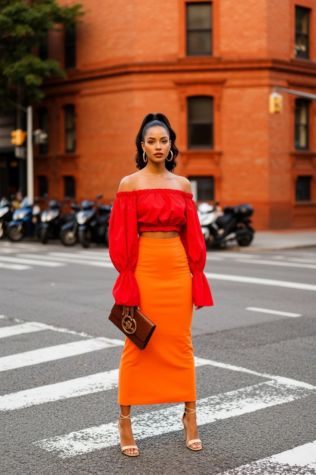 Fashion Week Dark Ponytail Tan Red Off-the-shoulder