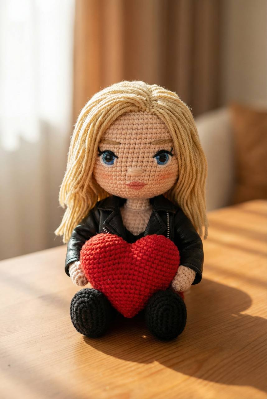 A crocheted doll with yarn hair holding a red heart on warm wood, cozy and inviting.