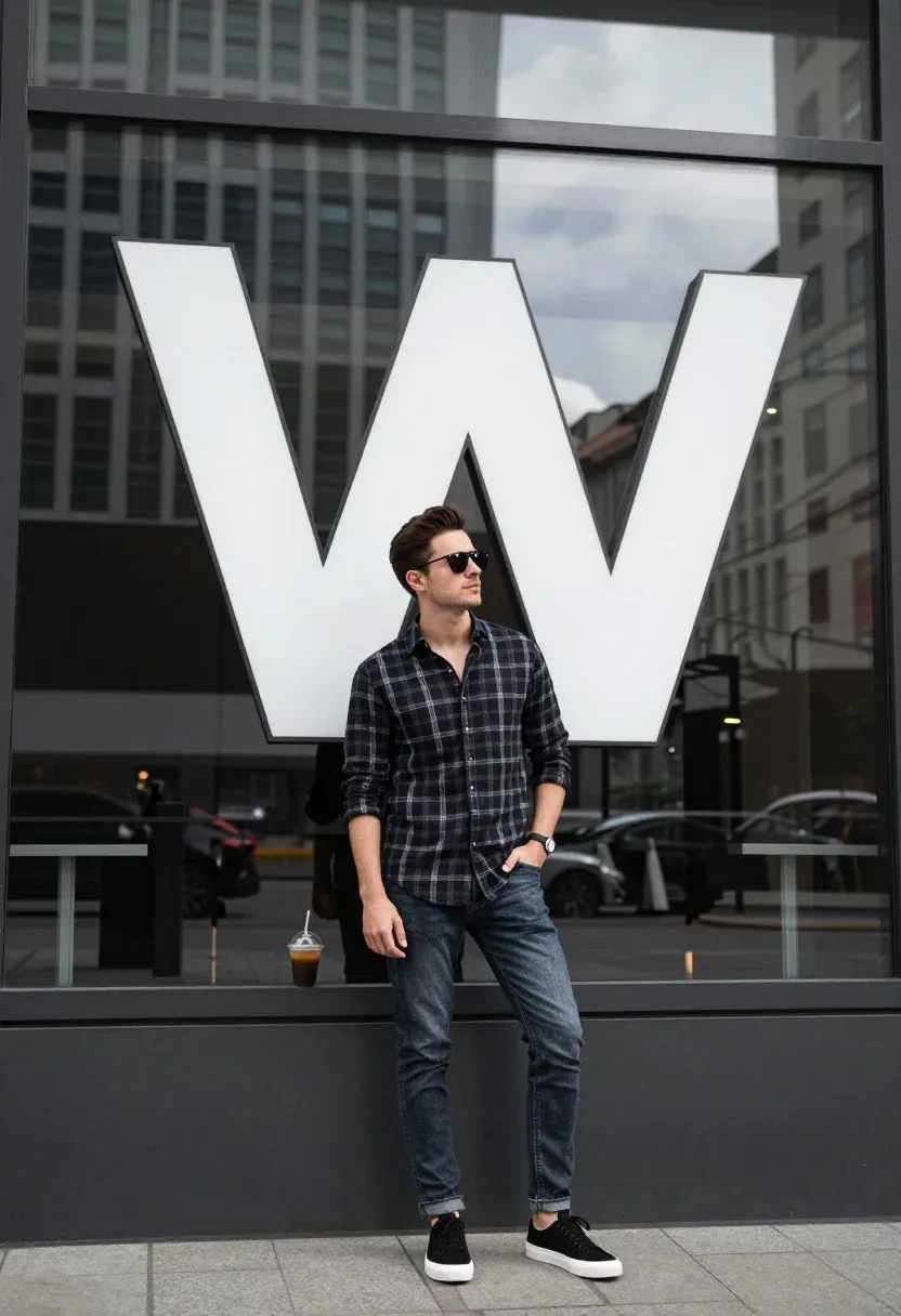 Stylish Man Stands Confidently Front Modern Glass Building With Large