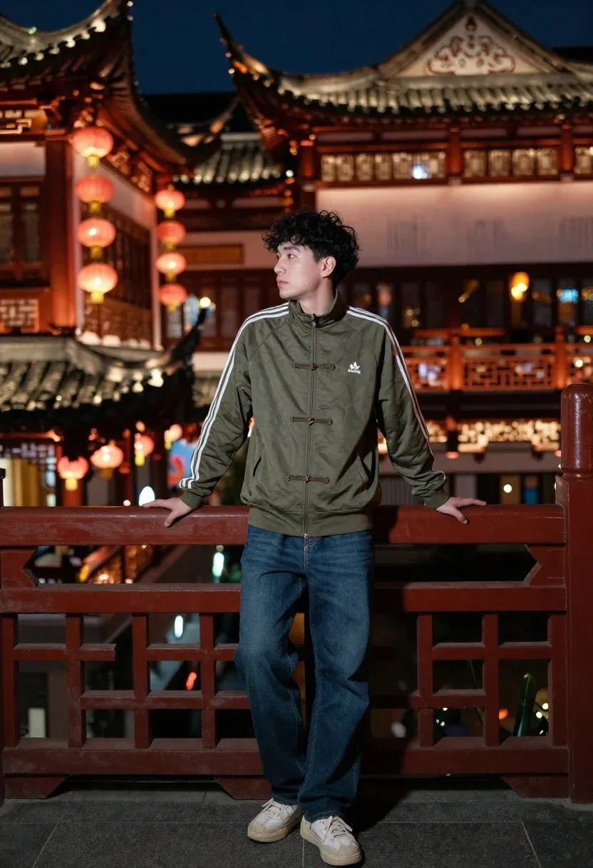 Young Man Stands Leaning Against Red Wooden Railing Bridge Night