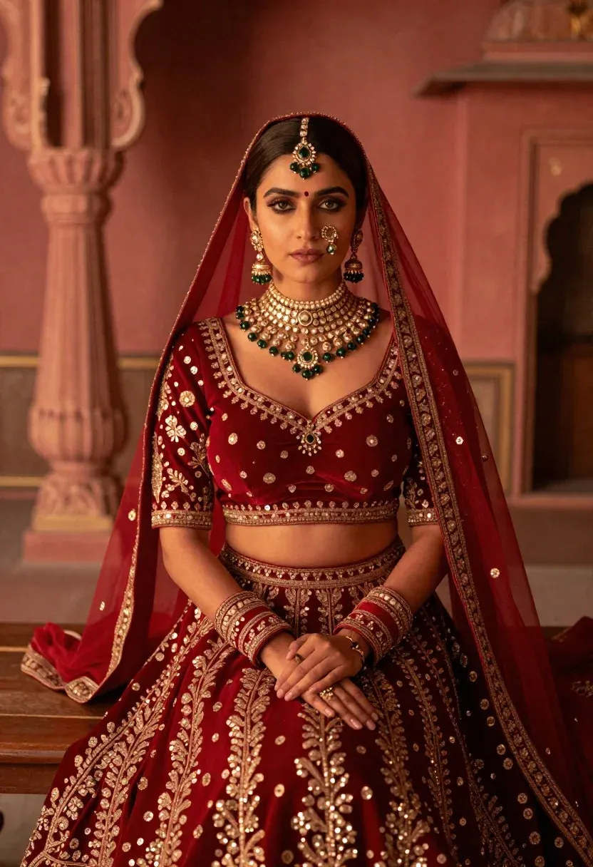 Regal Woman Seated Traditional Indian Bridal Pose Adorned Elaborate Red