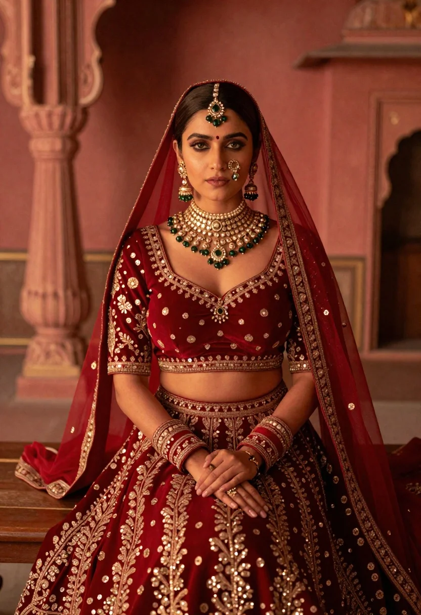 Regal Woman Seated Traditional Indian Bridal Pose Adorned Elaborate Red reference photo
