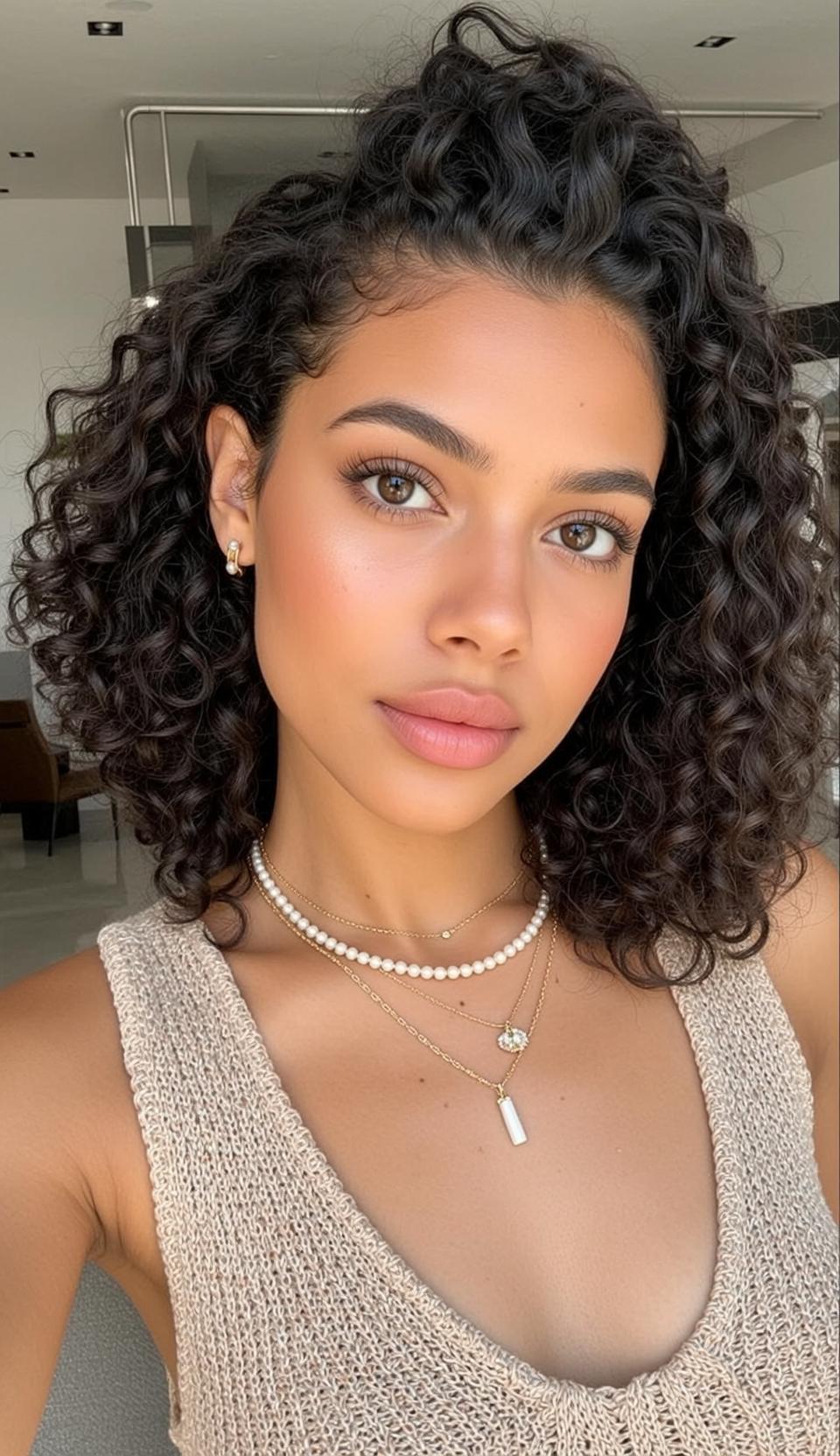 Hair Salon Young Dark Curly Pulled Light