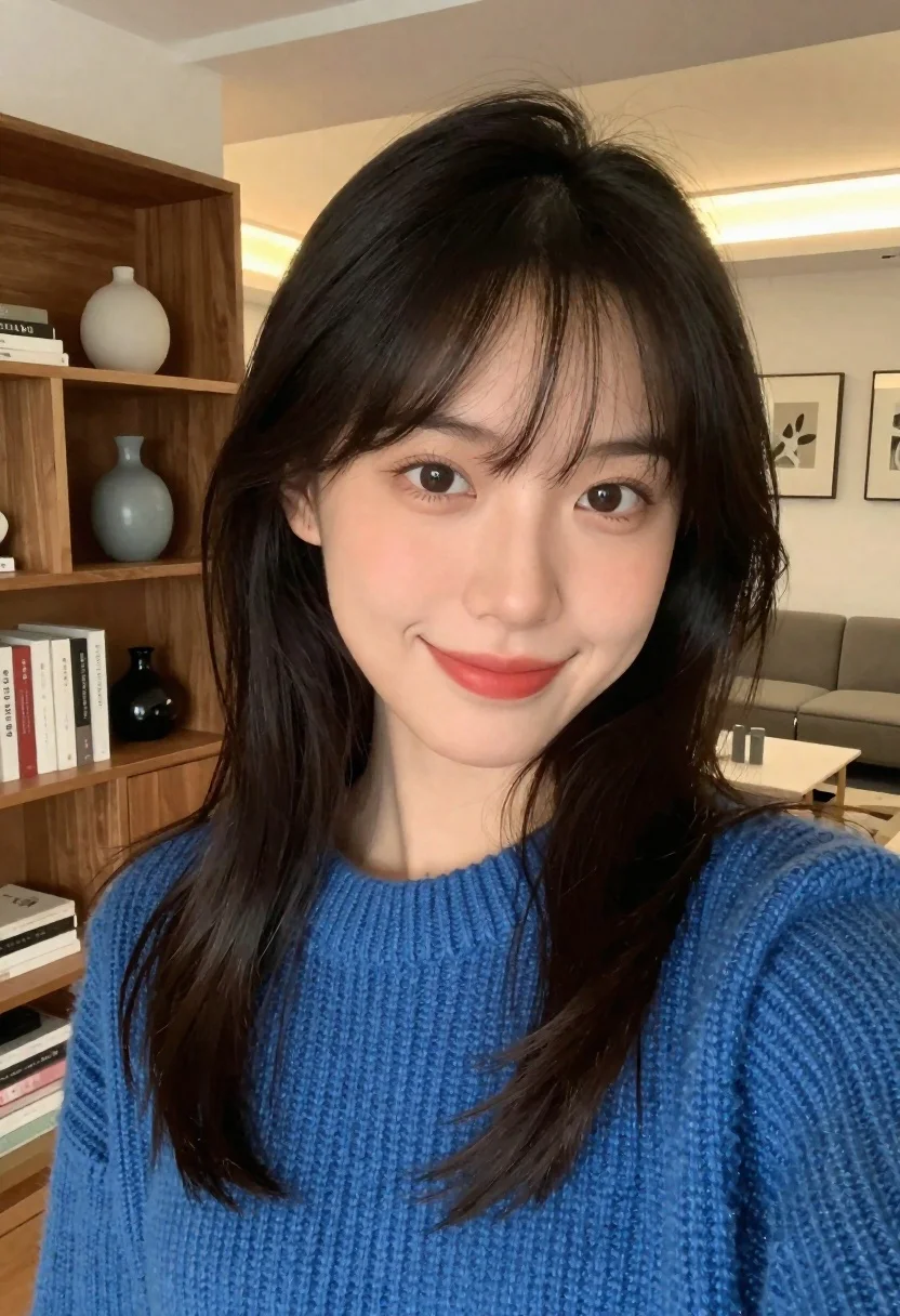 Cozy Indoor Selfie Young Woman Smiling Gently The Camera Inside reference photo