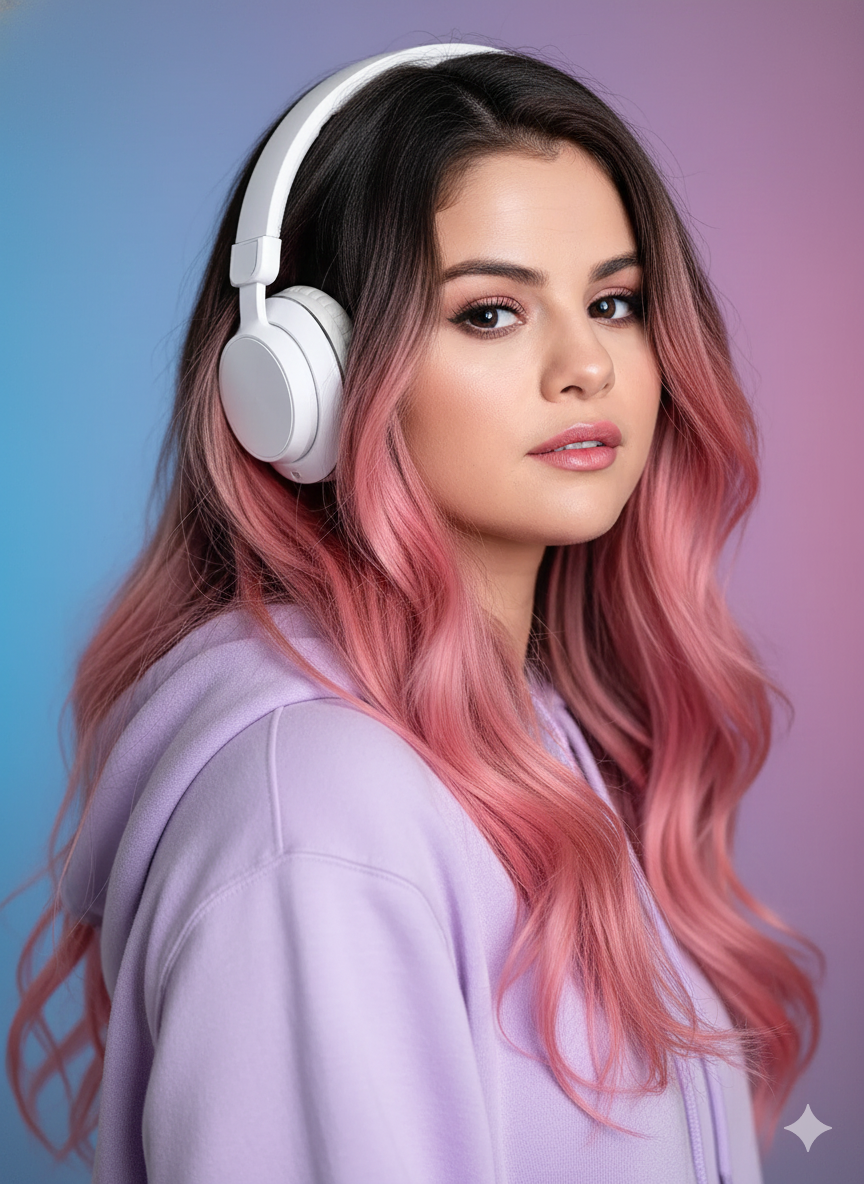 Woman With Headphones And Pink Hair