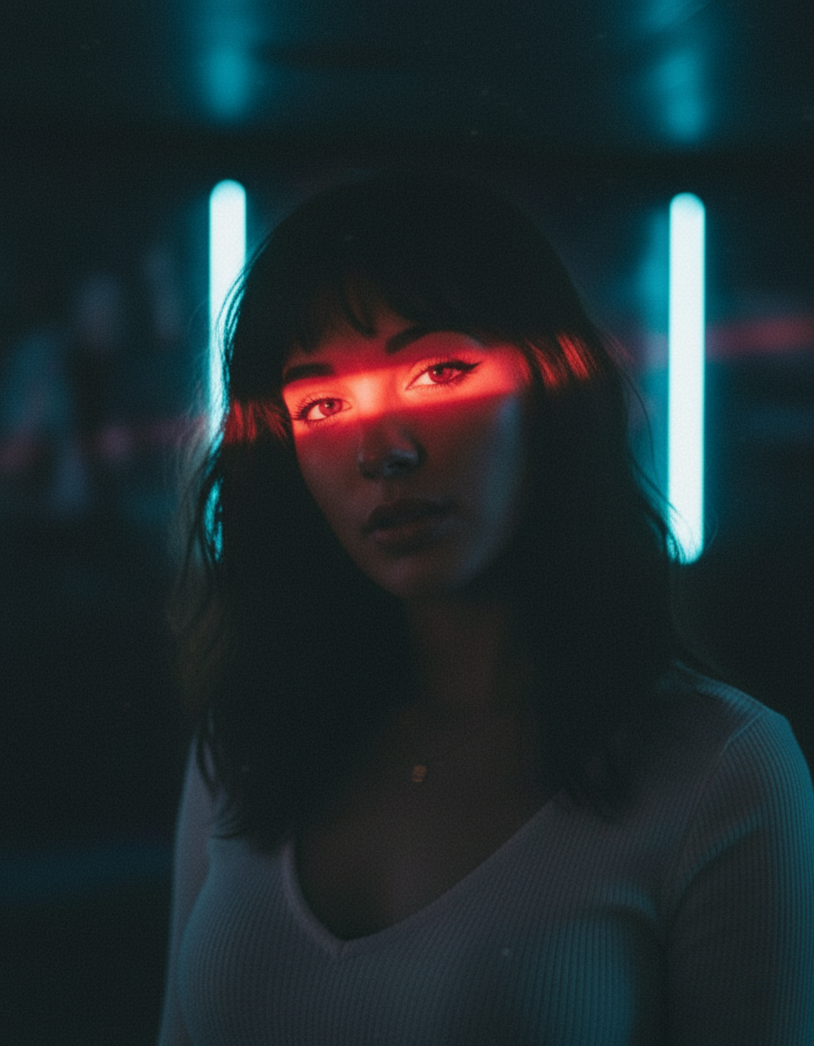 Moody portrait of a young woman with dark hair in dramatic red light.