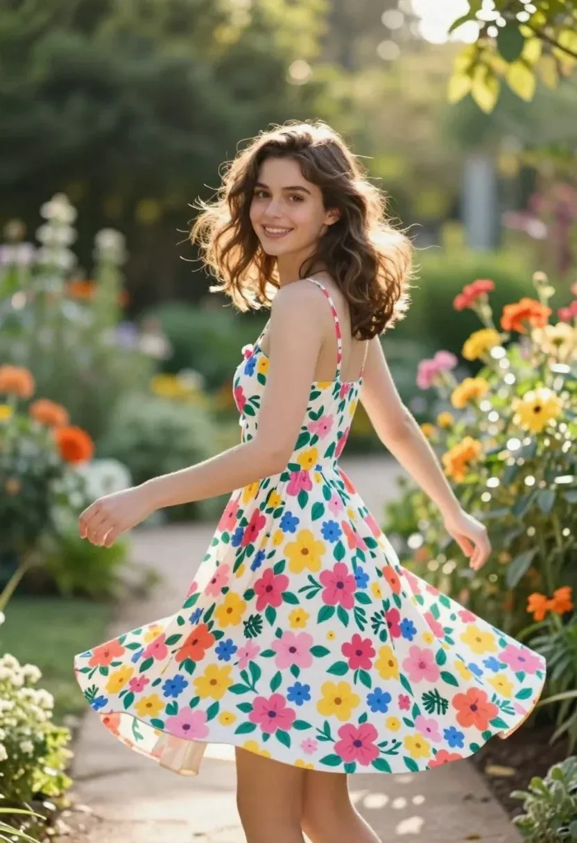 Young Woman With Shoulder-length Brown Hair Stands Lush Garden Wearing