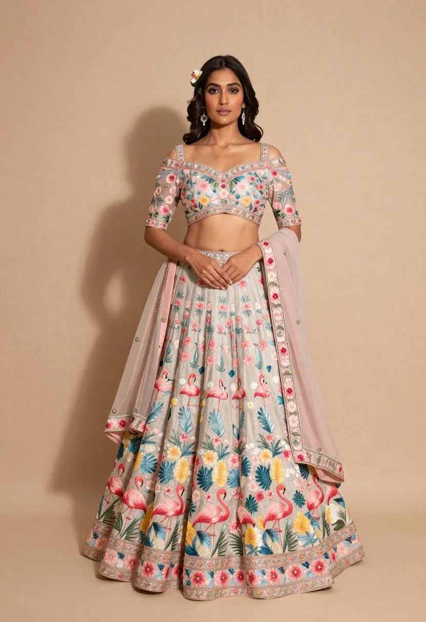 Full-length Studio Portrait Young Woman Wearing Elaborate Pastel-colored Lehenga Choli