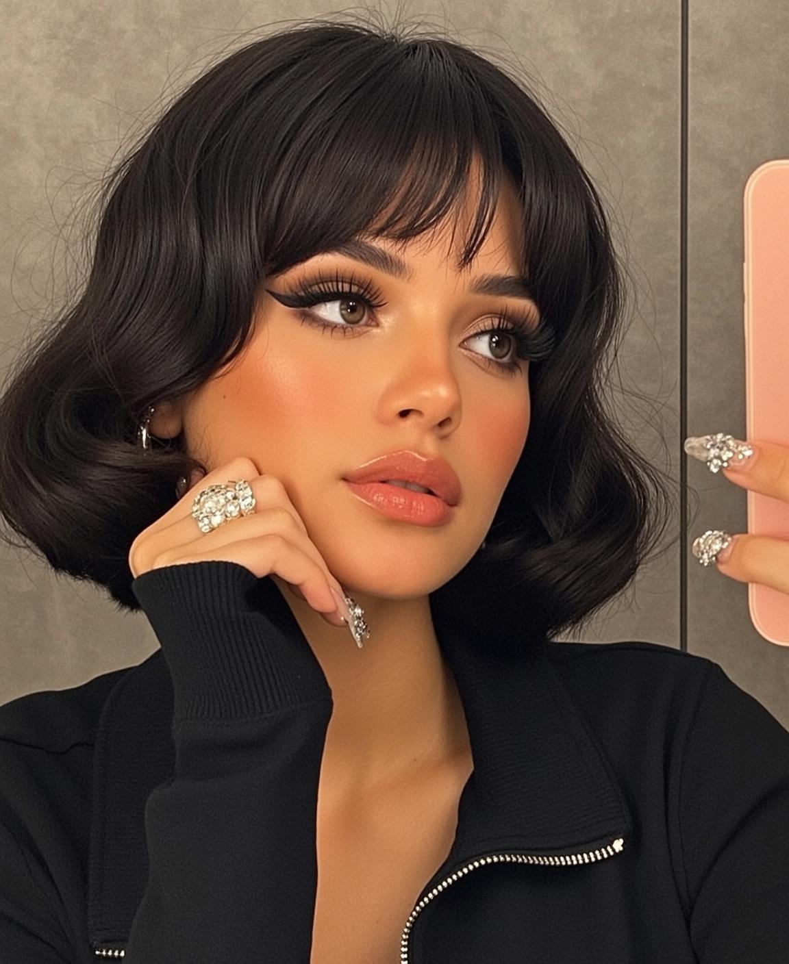 Young Woman Black Jacket Touching Chin Pink Phone