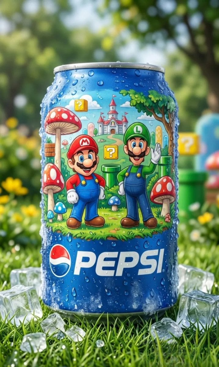 Ultra-realistic image of a blue Pepsi can on fresh green grass with condensation, featuring Mario and Luigi artwork.
