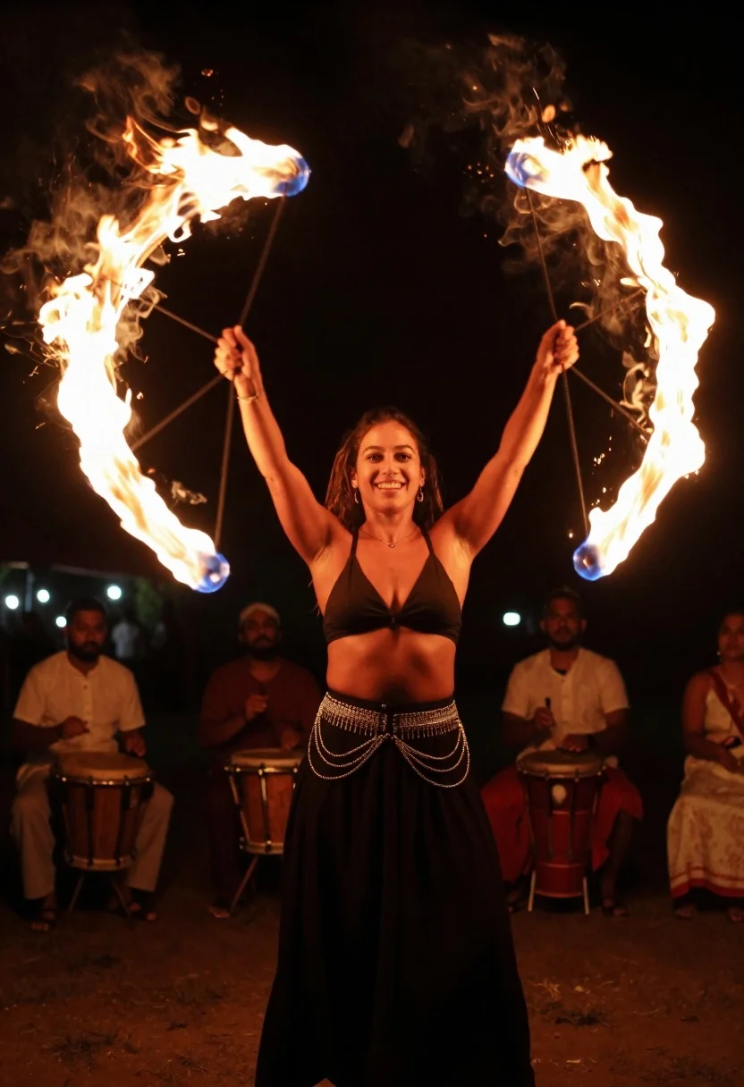 Woman Performs Fire Dance Night Swinging Flaming Poi Large Circular
