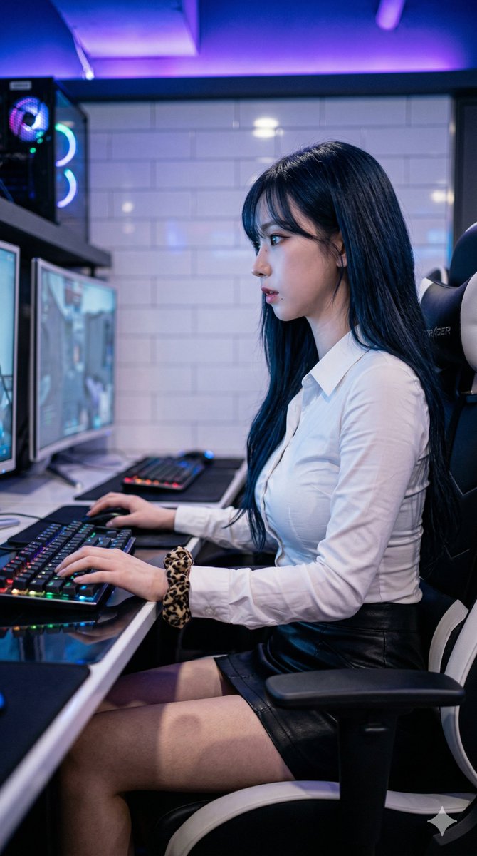A slender young woman with long midnight blue-black hair sitting in a gaming chair, intensely focused on a dual monitor setup in a modern PC Bang.