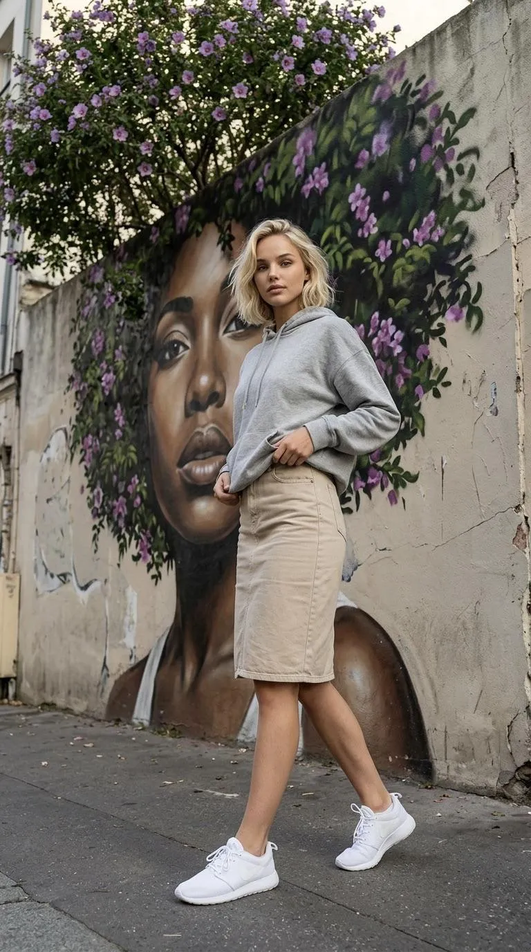 Walking Urban Mural Heather Gray Hoodie Denim Skirt