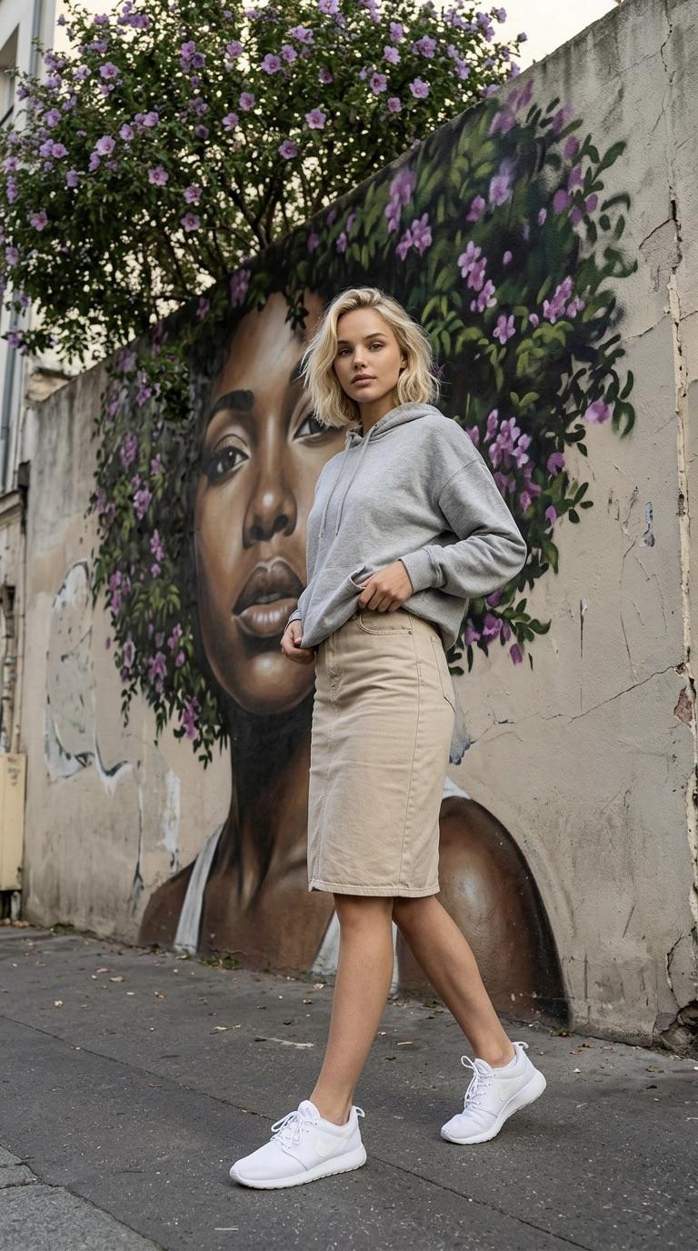 Walking Urban Mural Heather Gray Hoodie Denim Skirt