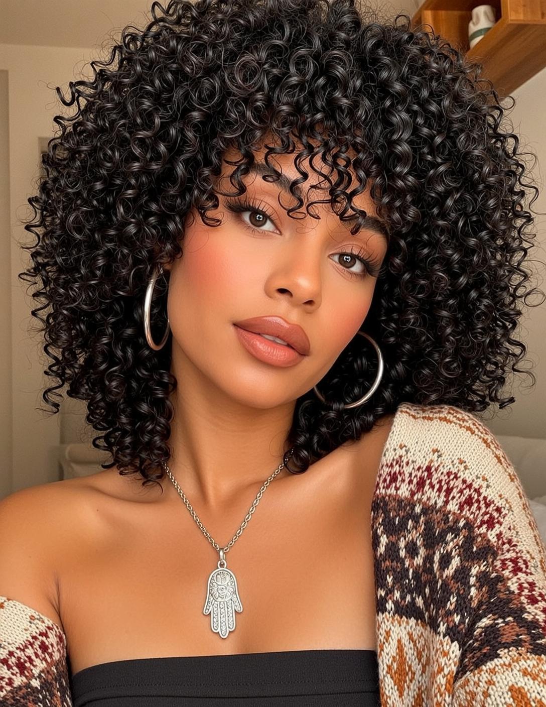 Hair Salon Young Dark Curly Shoulder-length Tan
