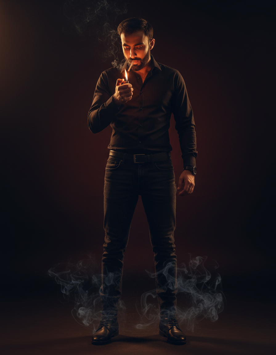 A man with a confident aura lighting a cigarette, face reflecting warm orange glow from the flame against a dark gradient background.
