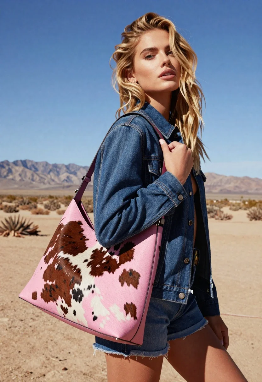 Young Woman With Blonde Hair Stands Desert Landscape Under Clear reference photo