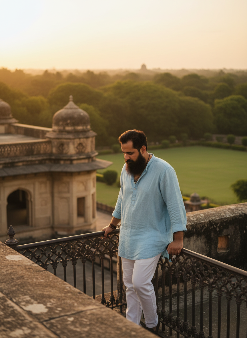 A young man at sunset on a palace rooftop, holding a fence, in white linen trousers and a light blue shirt, with green trees behind him.