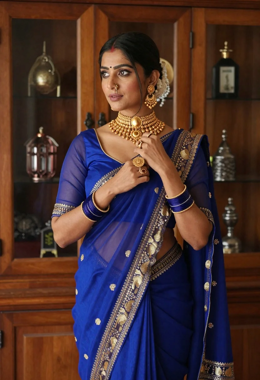 Woman Stands Poised Pose Wearing Vibrant Royal Blue Saree With reference photo
