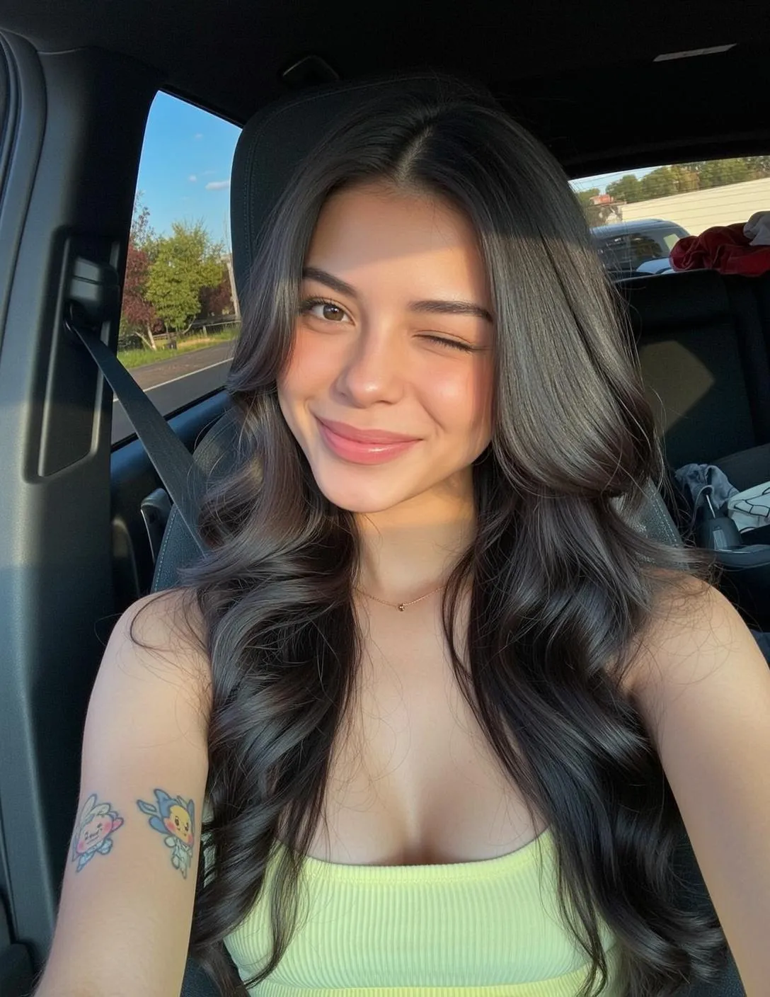 Necklace And Tattoos By A Car