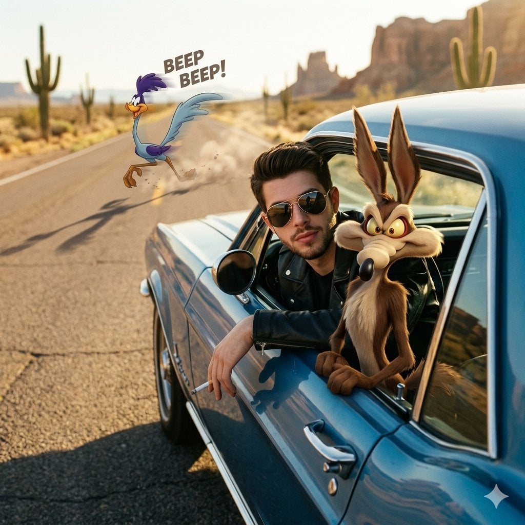 Vintage Car Desert Highway Cartoon Coyote