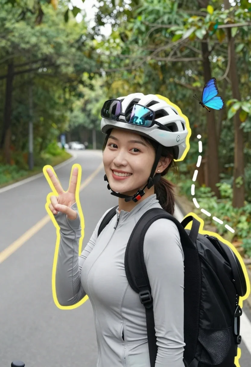 Smiling Woman Stands Paved Road Lush Green Forest Making Peace