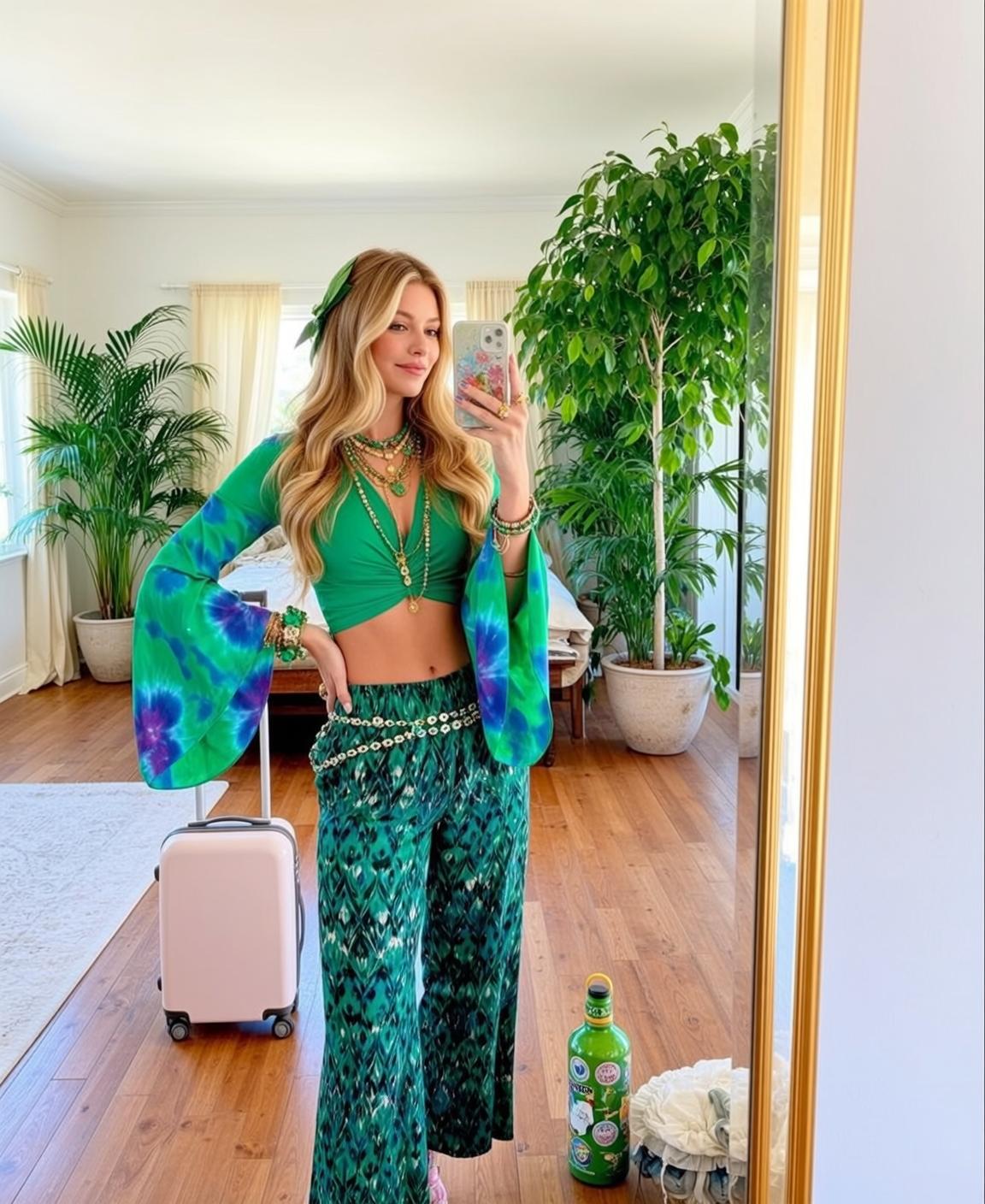 Indie Young Long Blonde Wavy Hair Green