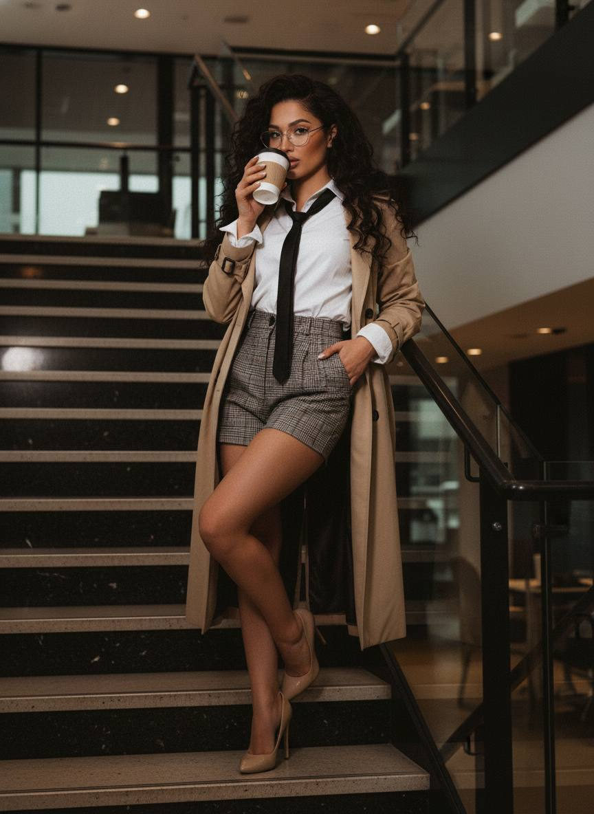 A woman in an office setting, leaning on a staircase railing, wearing an oversized shirt and high-waisted mini shorts, holding a coffee cup.