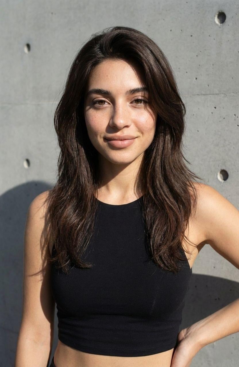 A woman stands elegantly against a grey concrete wall, wearing a black crop top, showcasing soft natural makeup in harsh sunlight.