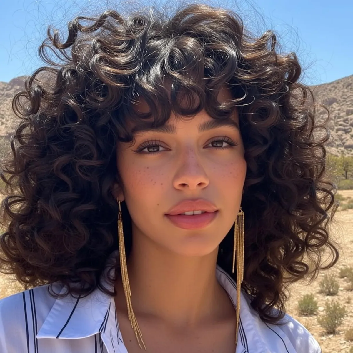 Desert Woman Gold Tassel Earrings Looking Camera