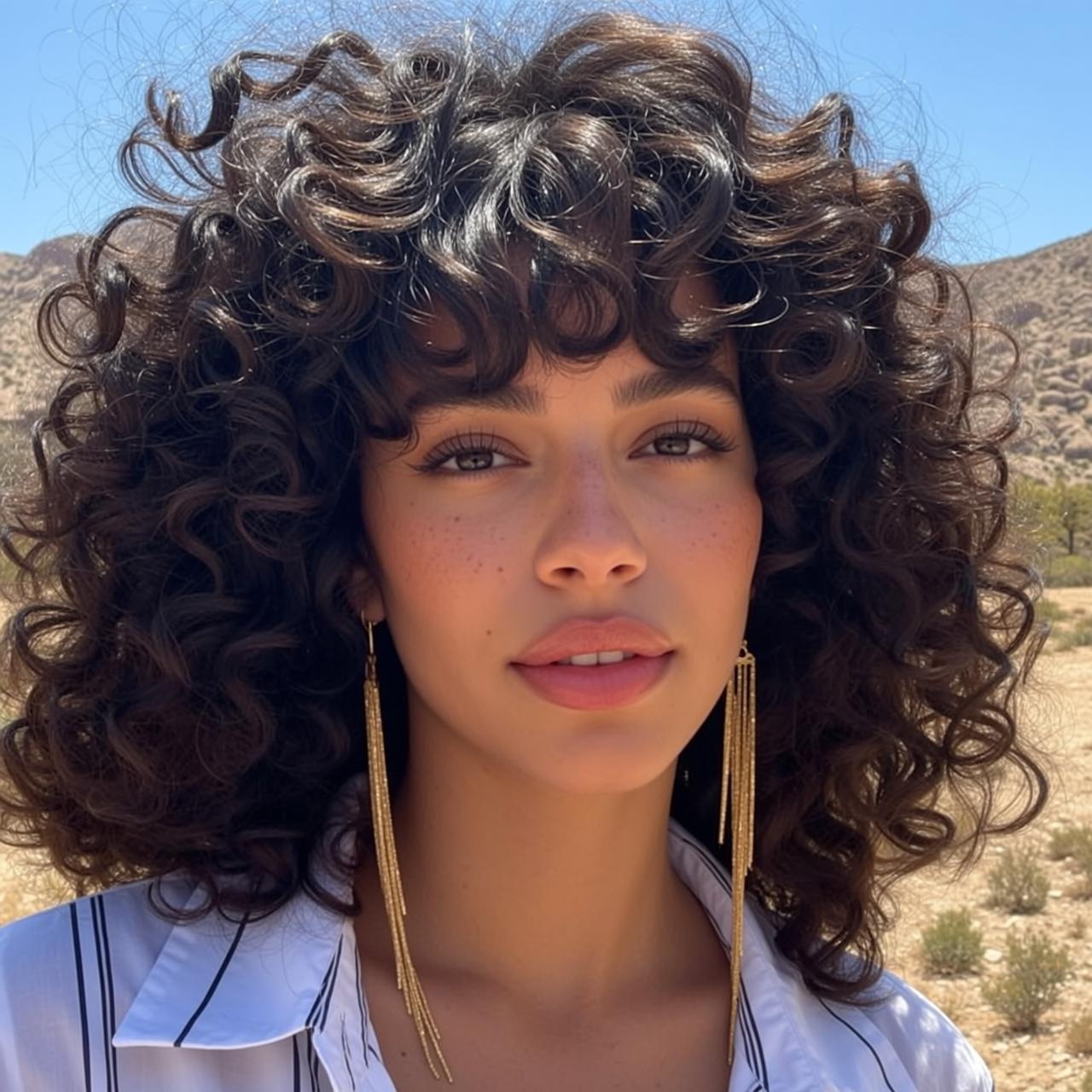 Desert Woman Gold Tassel Earrings Looking Camera