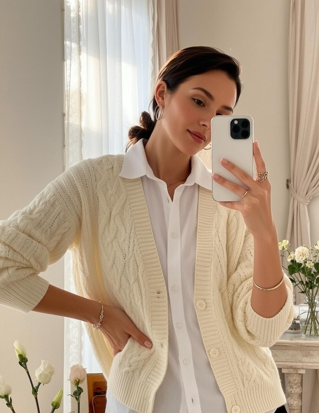 Window Selfie Cream Cardigan White Shirt