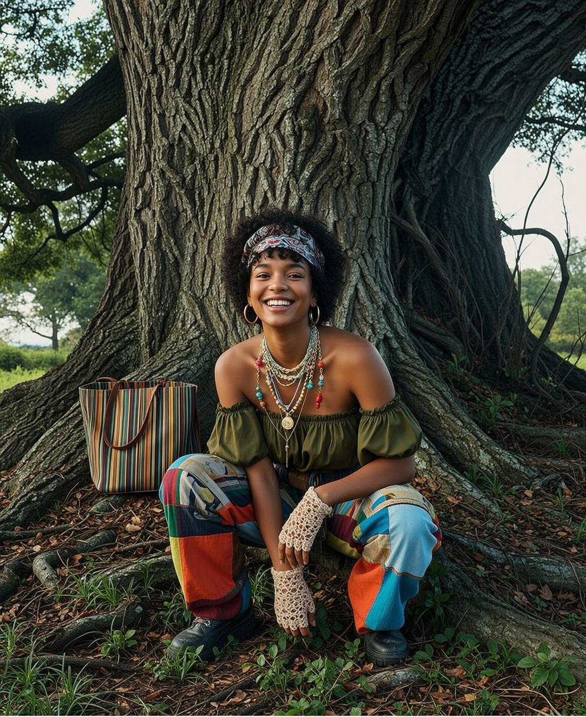Crouching By Tree Olive Peasant Top Patchwork Pants