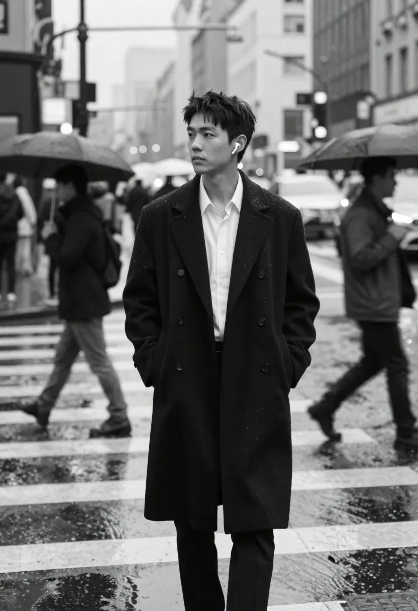 Solitary Young Man Stands The Center Busy City Street Intersection