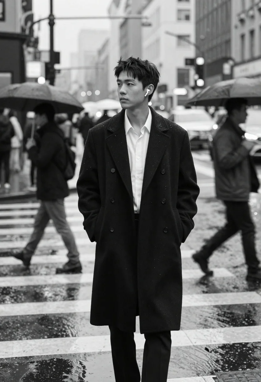 Solitary Young Man Stands The Center Busy City Street Intersection