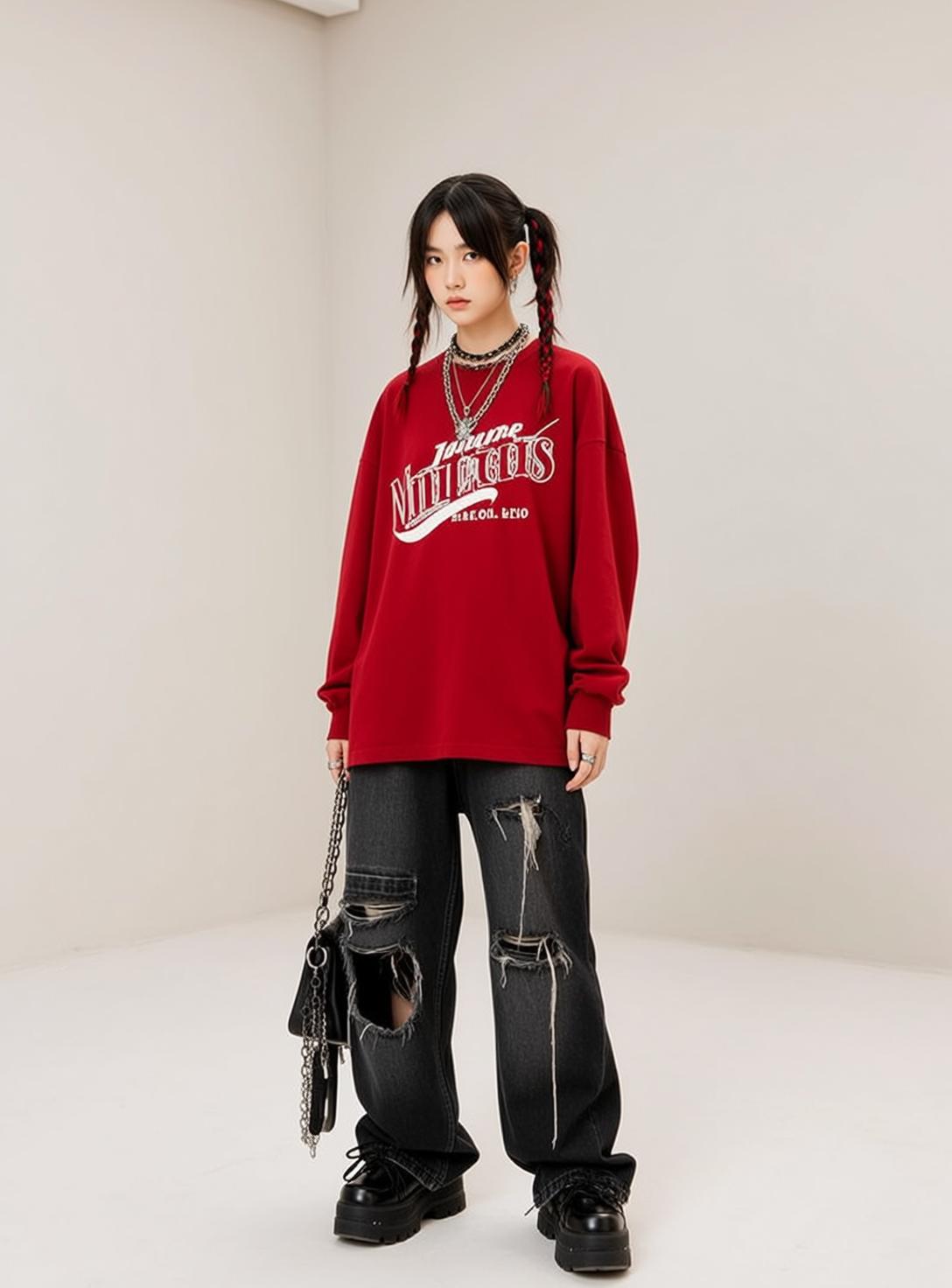 Red Sweatshirt Studio Wide Jeans